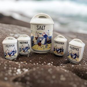Set of 5 Vintage Lidded Czechoslovakian Spice Jars Returning from Sea Design